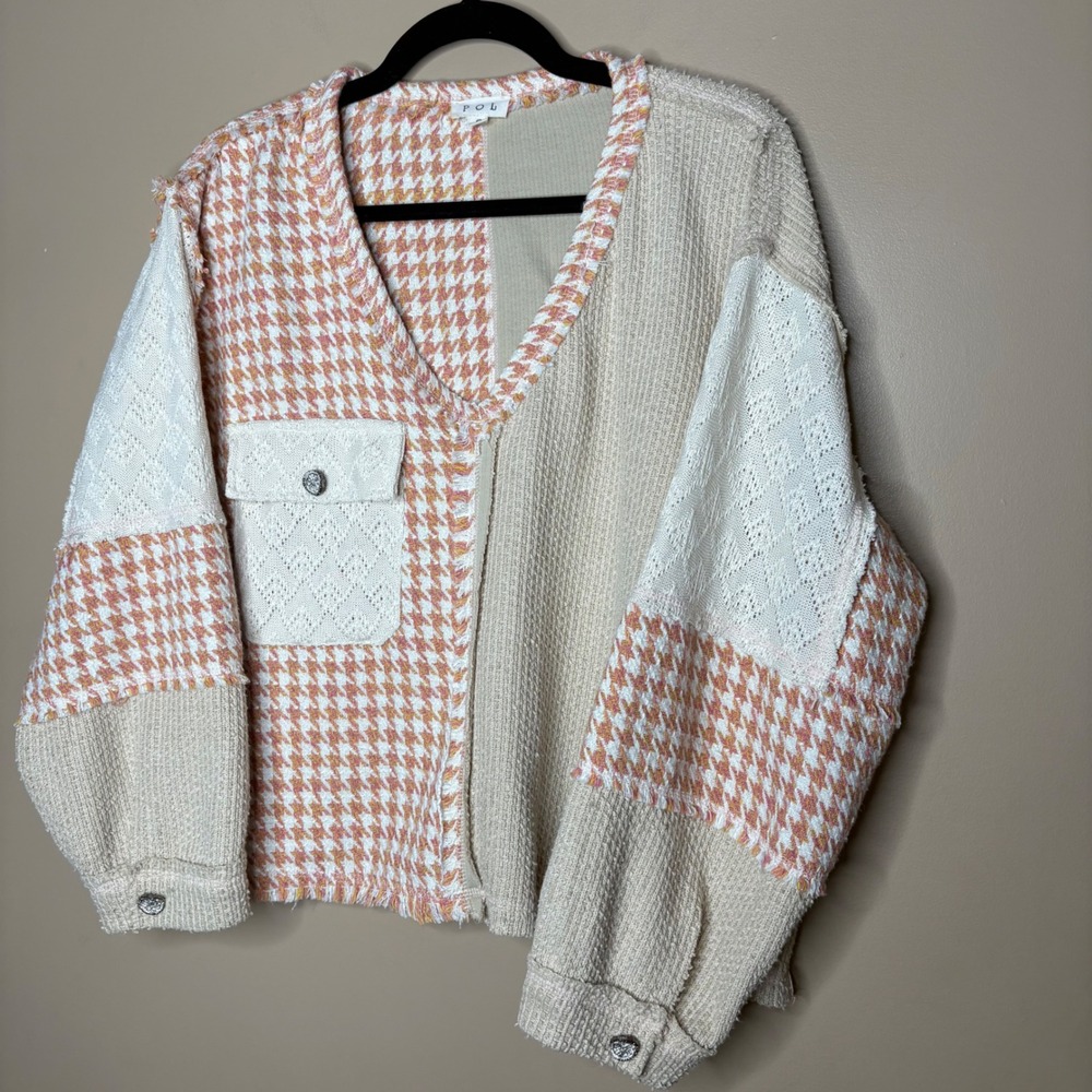 POL Mixed Media Patchwork Houndstooth Cardigan Small Fall Shabby Chic Boho
